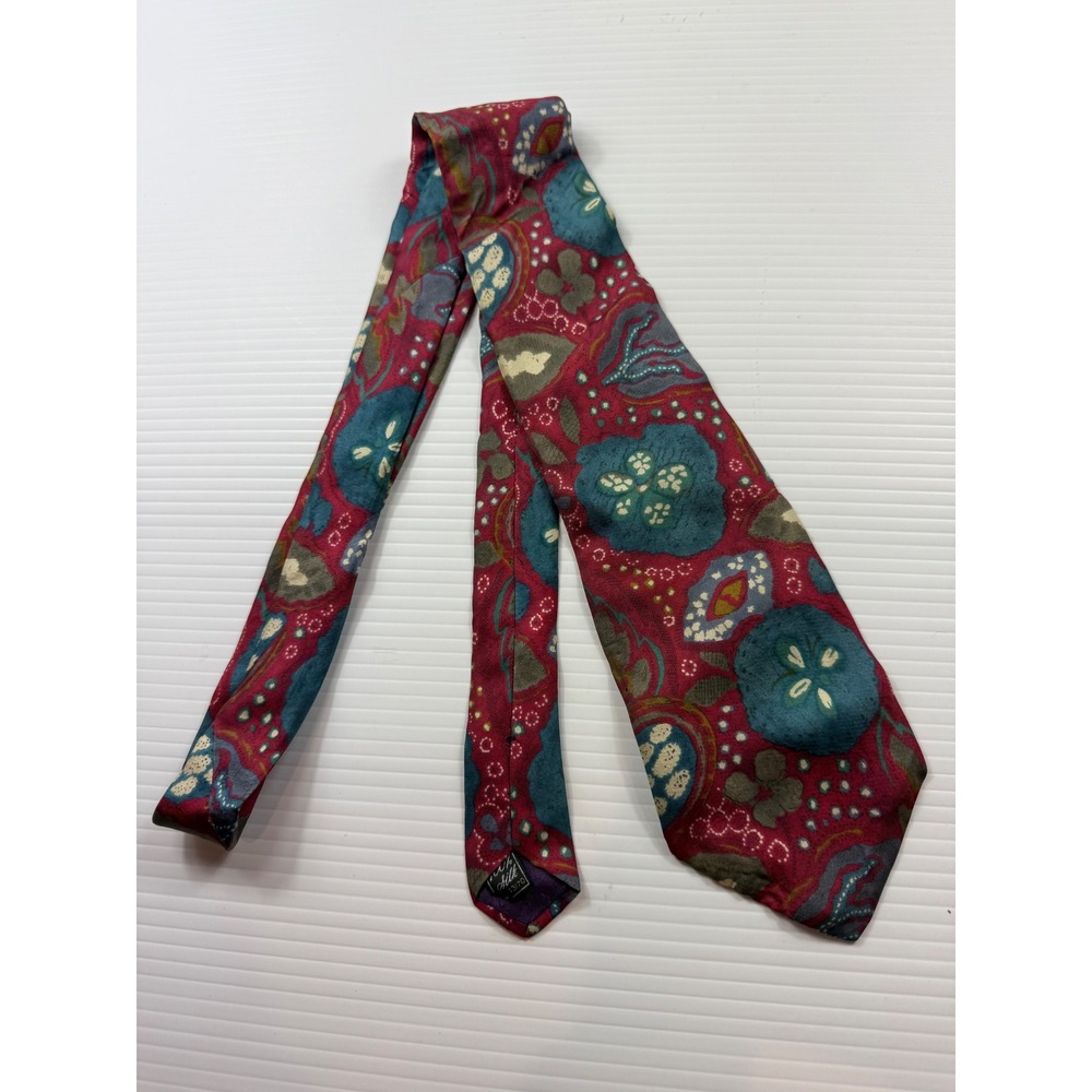 Gino Pompeii Mens Silk Tie Burgundy Teal Abstract Floral Paisley Vintage 43170